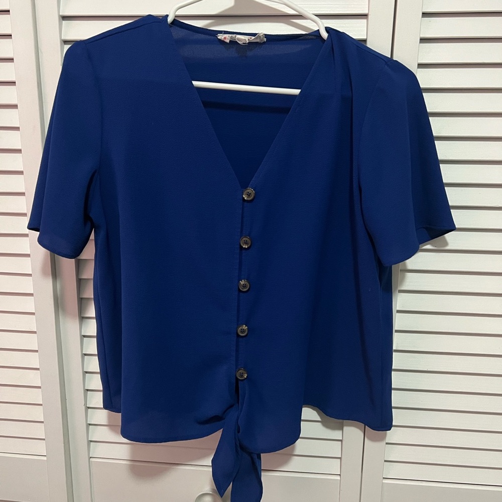 Pink Rose Royal Blue Button-Up Blouse